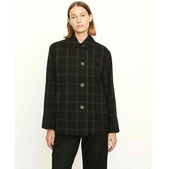 Vince Wool Cashmere Plaid Padded Shirt Jacket Shacket Black Tan Button Down XL - Picture 5 of 16